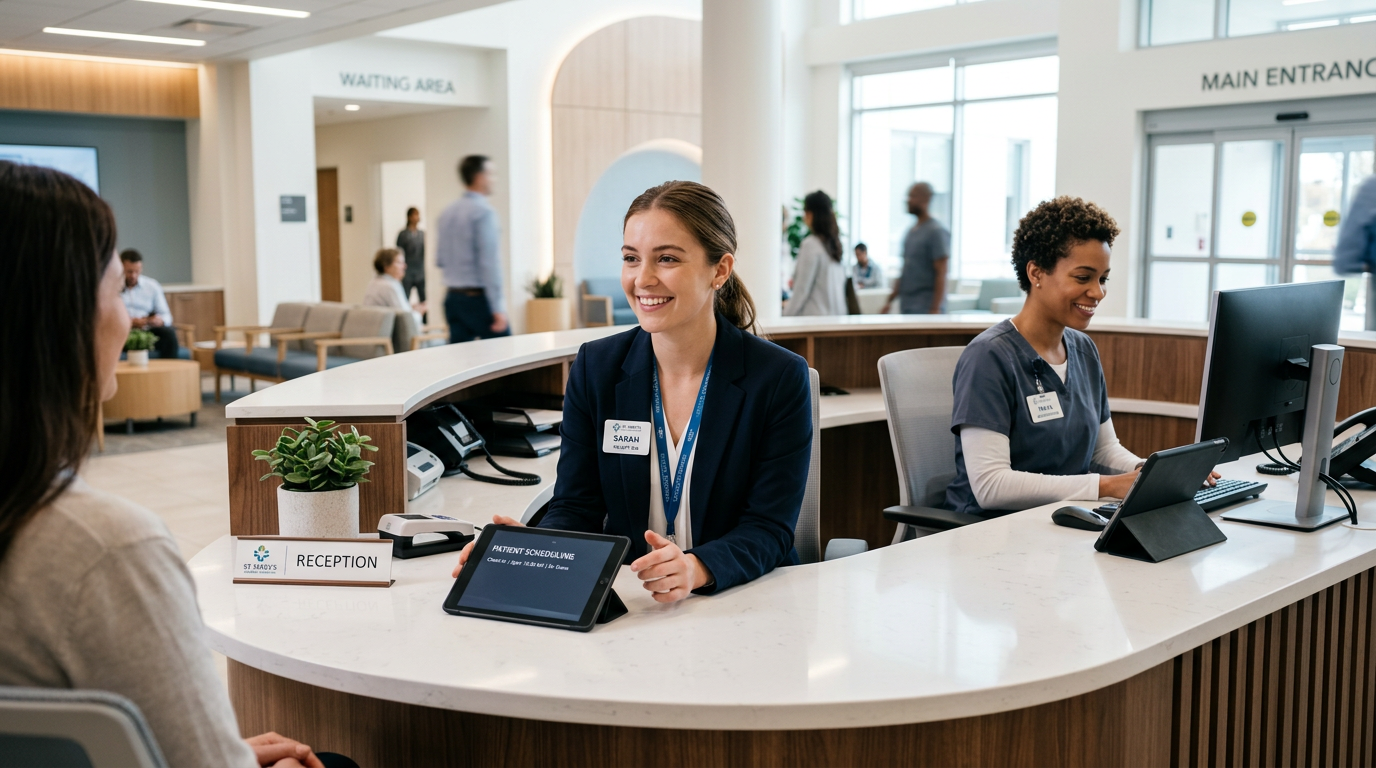 CareBridge Hospital reception counter and digital scheduling tablet