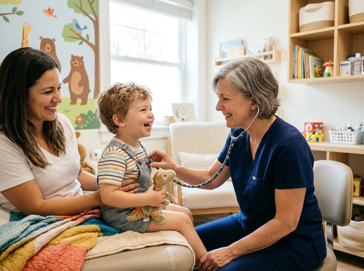 Pediatrician consulting with a young child in a bright hospital room